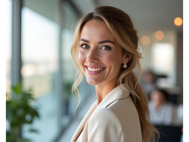 Photo de la fondatrice, une femme souriante, dans un bureau lumineux de Bordeaux