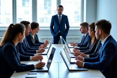 Un groupe de professionnels en réunion, échangeant des idées, représentant le dynamisme du monde des affaires et la communication en anglais.