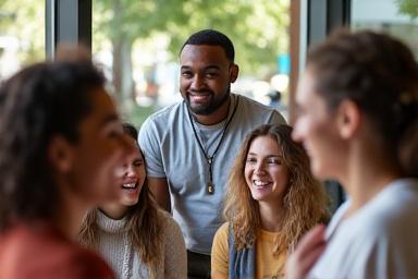 Des personnes de différentes nationalités ayant une conversation animée et souriante, symbolisant la pratique de l'anglais conversationnel.