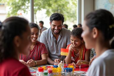 Un groupe de personnes participant à un atelier interactif sur la culture, entourées de symboles de différentes cultures, encourageant l'immersion et la découverte interculturelle.