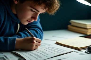 Un étudiant concentré sur un examen écrit, avec des livres et des notes, symbolisant la préparation aux examens standardisés comme le TOEFL ou l'IELTS.