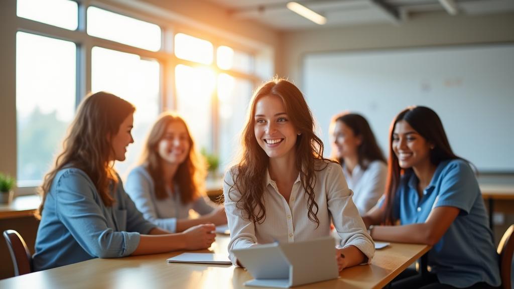 Un groupe d'étudiants souriants interagissant dans une salle de classe conviviale, symbole d'un apprentissage engageant.